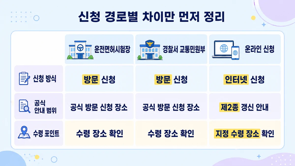 운전면허시험장과 경찰서, 제2종 온라인 갱신 신청 경로 비교