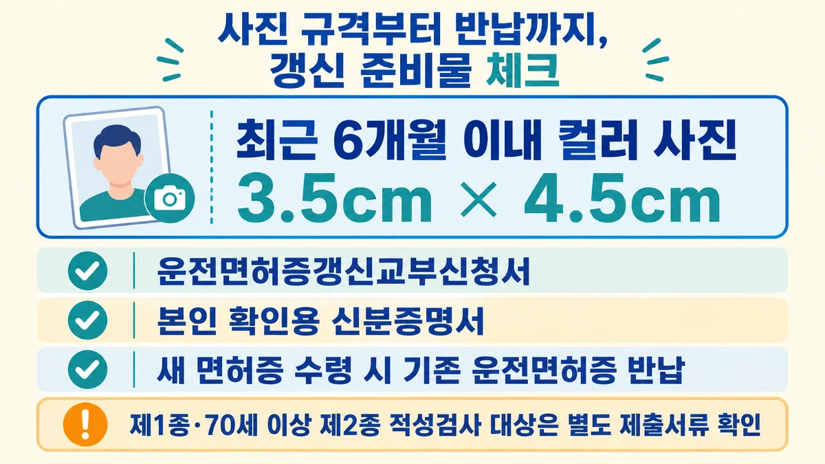 운전면허증 갱신 신청서와 신분증, 사진 규격, 기존 면허증 반납 체크리스트
