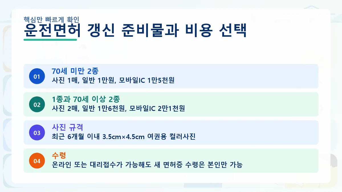 운전면허 갱신 사진 준비물과 면허 종류별 수수료를 비교한 인포그래픽