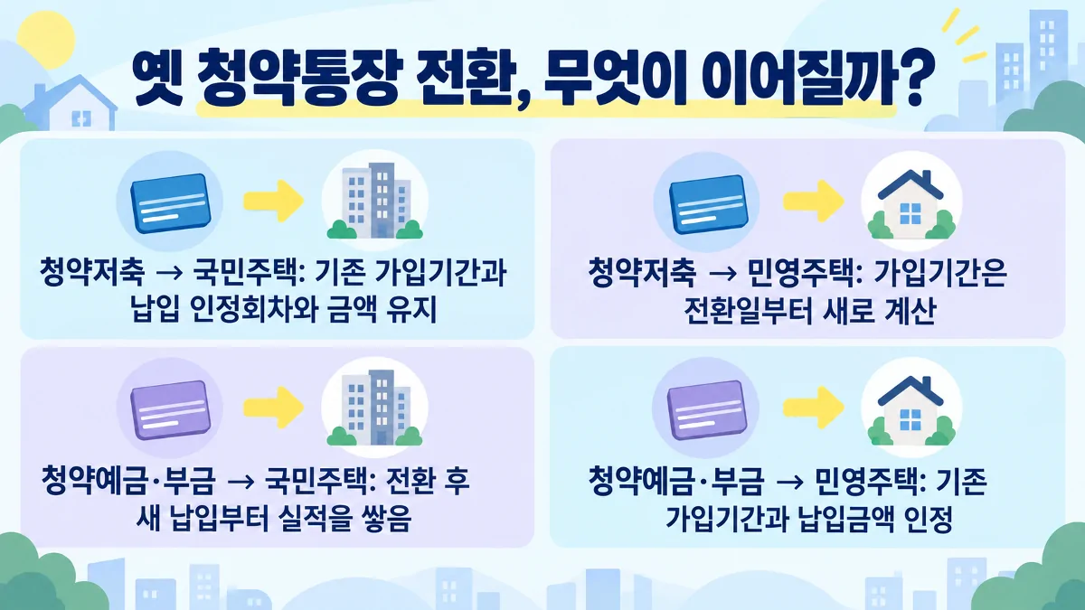 청약저축과 청약예금·부금 전환 시 국민주택과 민영주택의 실적 인정 차이 비교