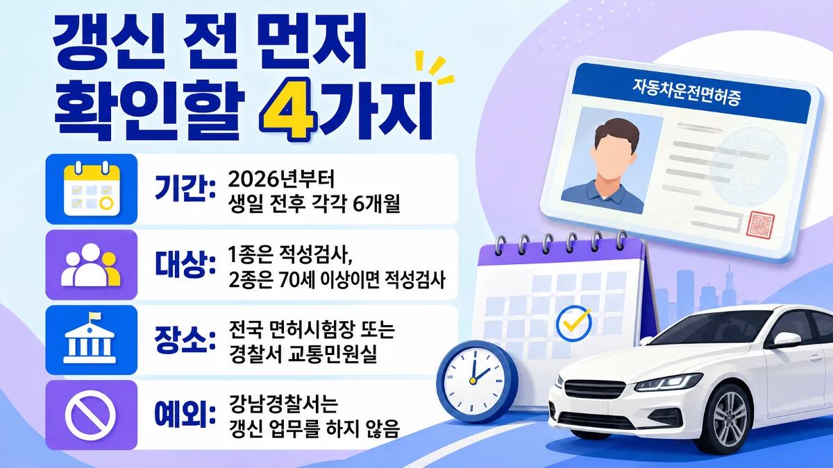 2026년 운전면허 갱신기간과 적성검사 대상 및 신청 장소를 정리한 카드뉴스