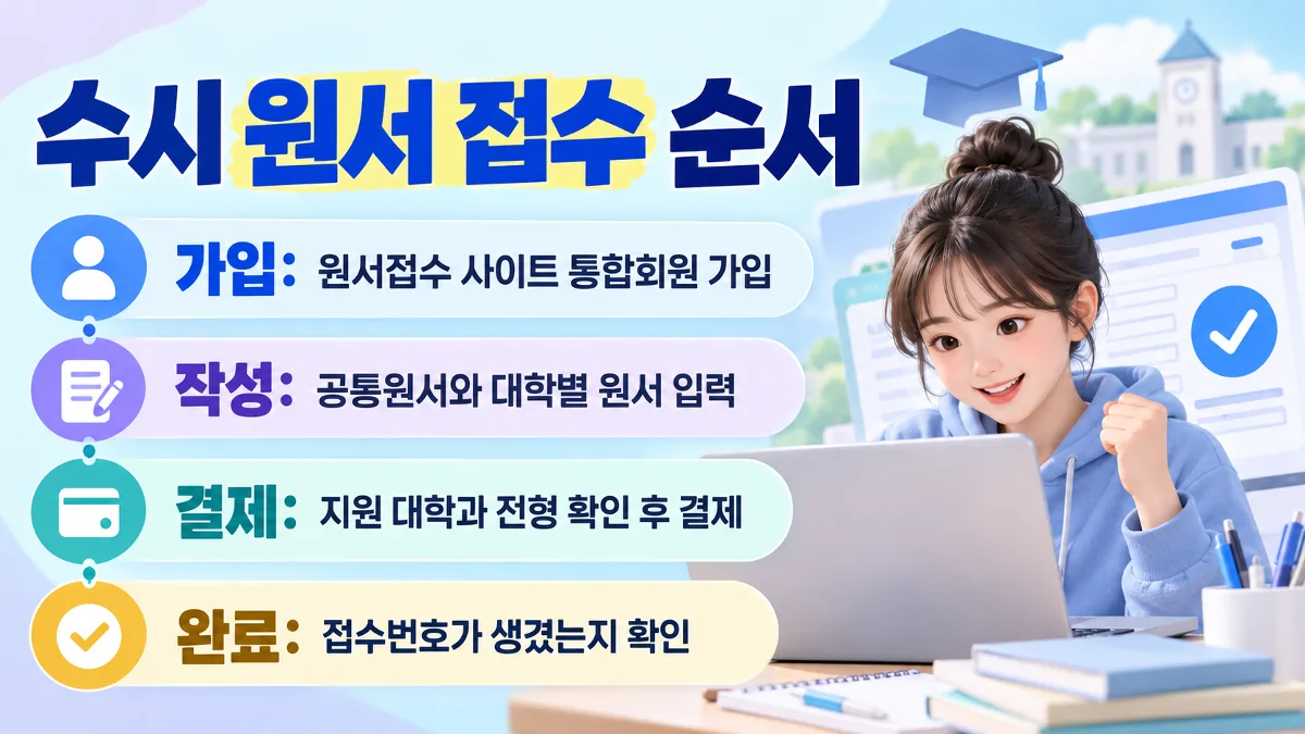 회원가입부터 접수번호 확인까지 수시 원서 접수 순서를 정리한 이미지