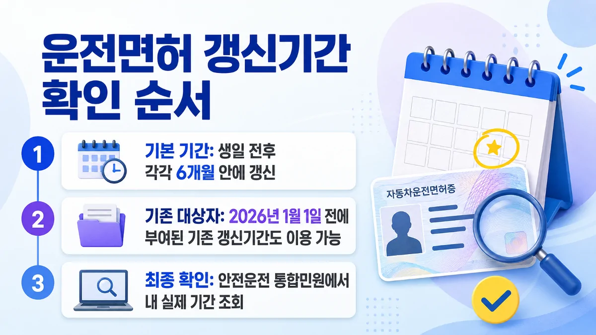 2026년 운전면허 갱신기간과 기존 기간 경과조치를 정리한 안내 이미지