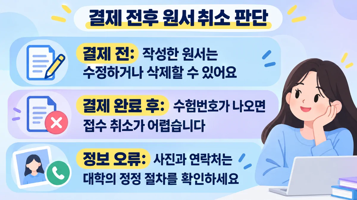 수시 원서 결제 전과 결제 완료 후 취소 및 정보 오류 대응 차이