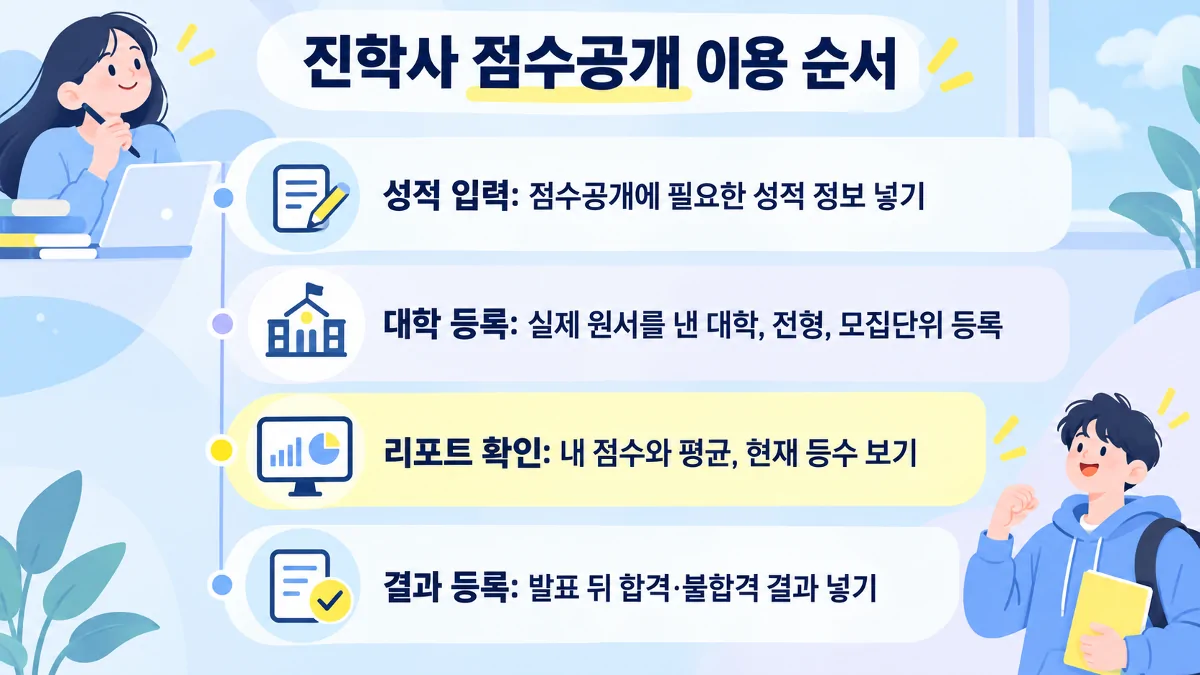 진학사 점수공개 성적 입력부터 결과 등록까지 이용 순서를 정리한 이미지