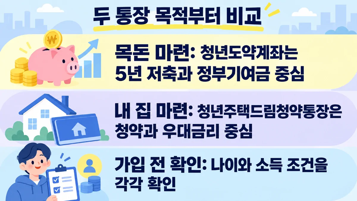 청년도약계좌와 청년주택드림청약통장의 목적과 가입 조건 차이