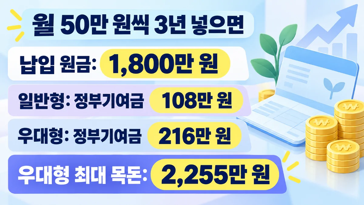 월 50만 원을 3년 납입했을 때 일반형과 우대형 정부기여금 차이