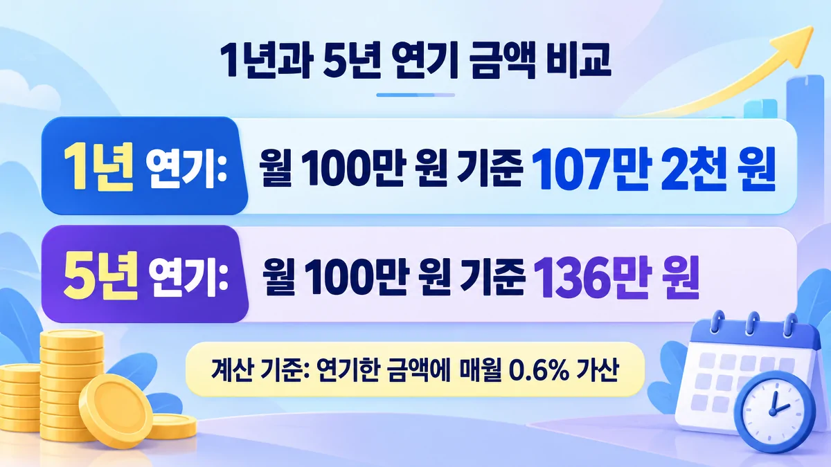 월 100만 원을 기준으로 국민연금을 1년과 5년 연기했을 때 금액을 비교한 이미지