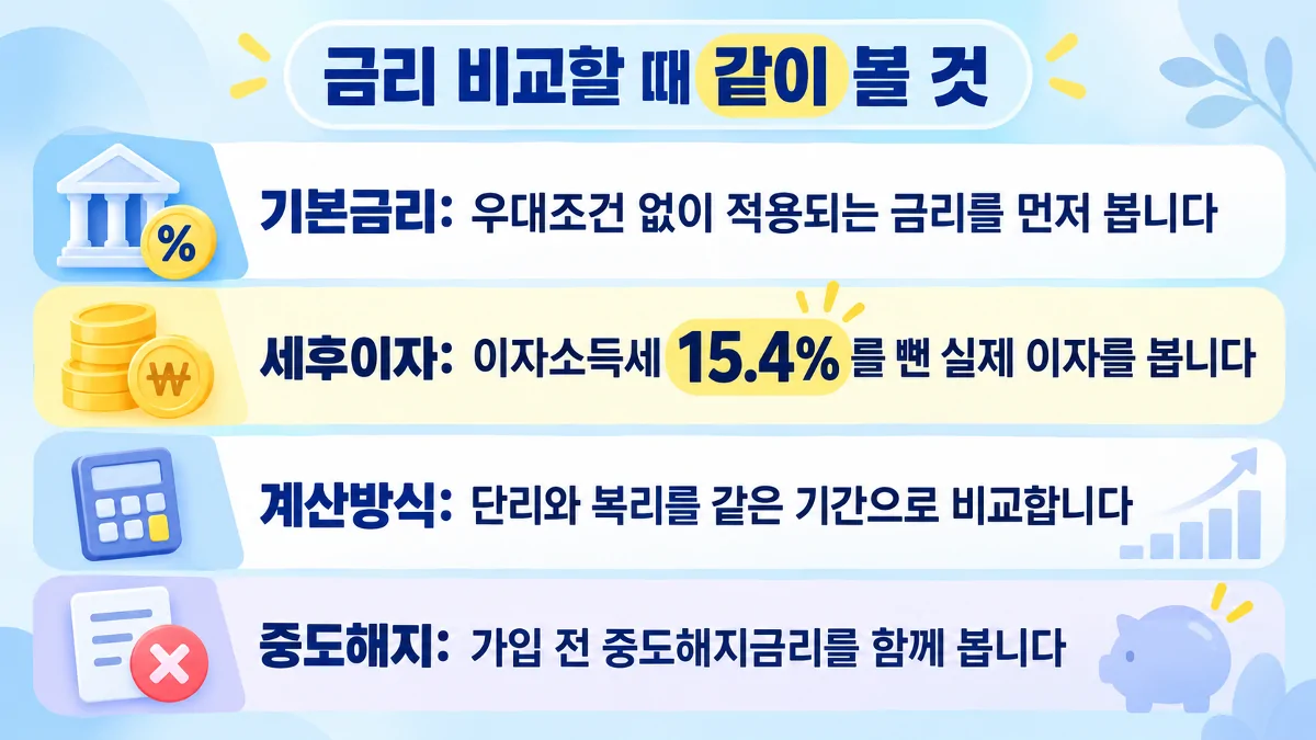 저축은행 정기예금의 기본금리와 세후이자, 단리 복리, 중도해지금리 비교 카드