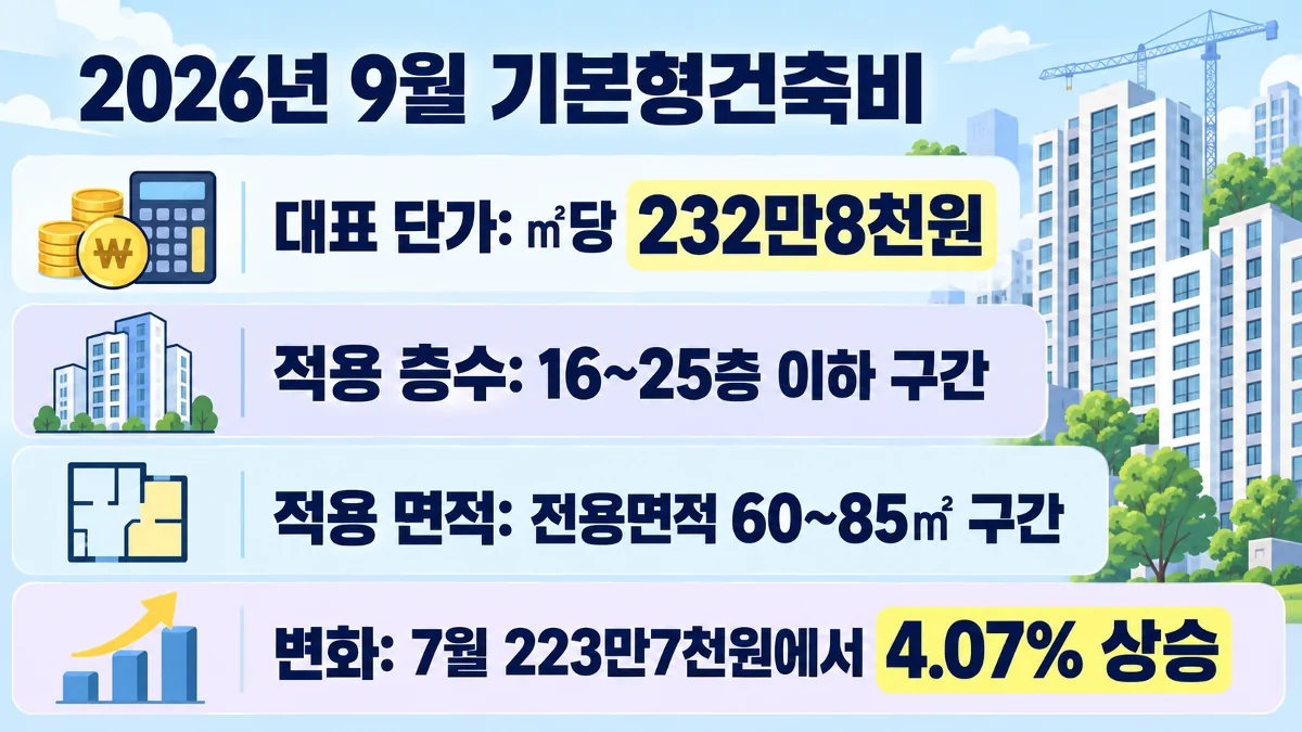 2026년 9월 기본형건축비 232만8천원의 적용 층수와 면적, 직전 고시 대비 상승폭을 정리한 인포그래픽