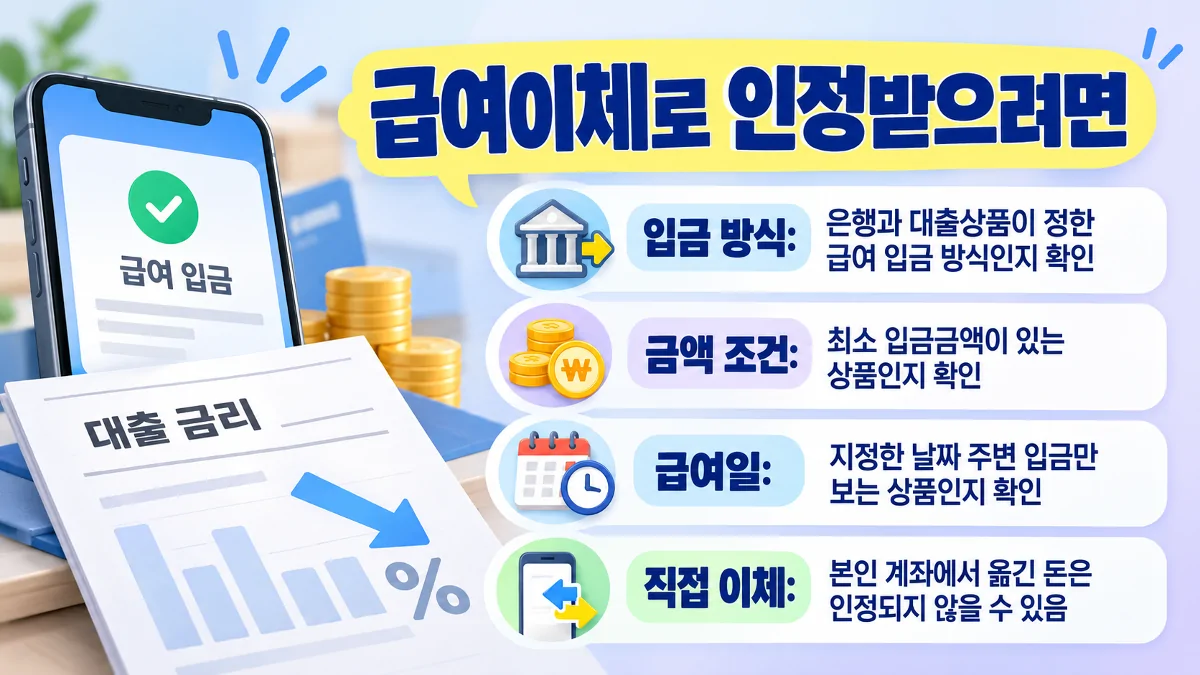 대출 우대금리 급여이체 인정 조건을 정리한 인포그래픽