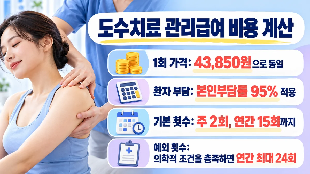 도수치료 관리급여 가격과 환자 부담률, 연간 횟수를 설명한 인포그래픽