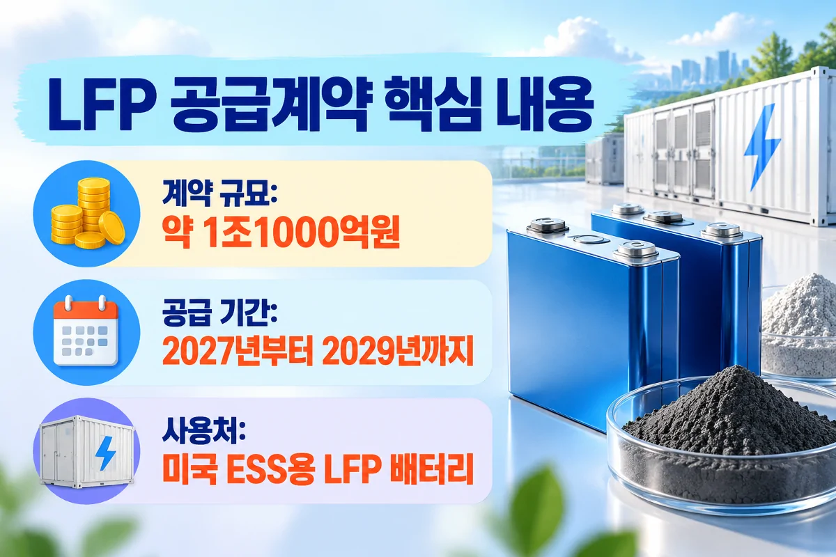 포스코퓨처엠과 SK온 LFP 양극재 공급계약 핵심 내용을 정리한 정보 이미지