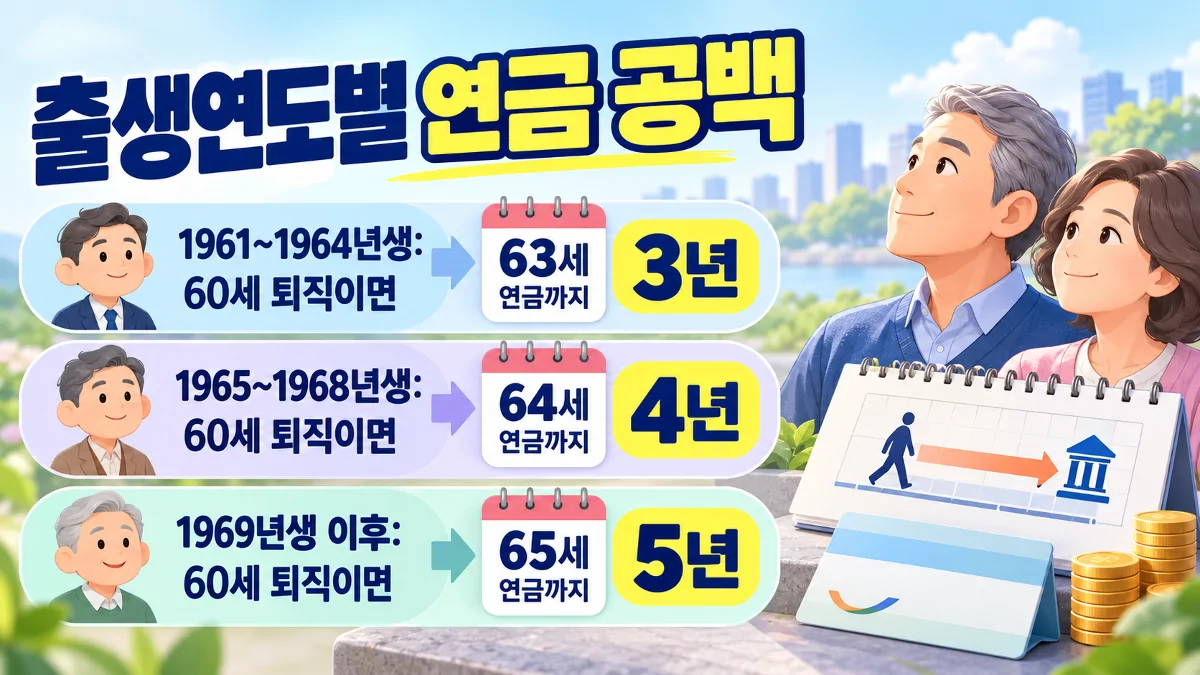 출생연도별 국민연금 시작 나이와 60세 퇴직 시 소득공백 기간