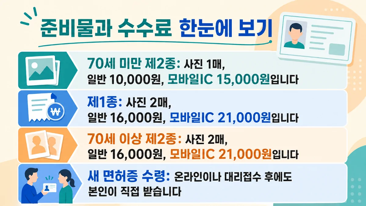 면허 종류와 나이에 따른 갱신 사진 수량, 수수료, 본인 수령 조건 비교