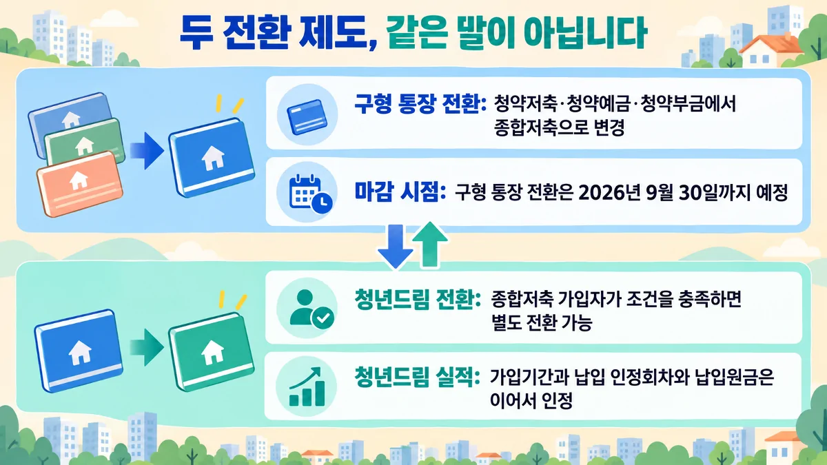 구형 청약통장 통합전환과 청년 주택드림 청약통장 전환의 차이를 설명한 이미지
