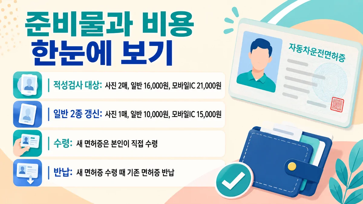 운전면허 갱신 사진 준비물과 수수료 및 수령 주의사항을 정리한 카드뉴스