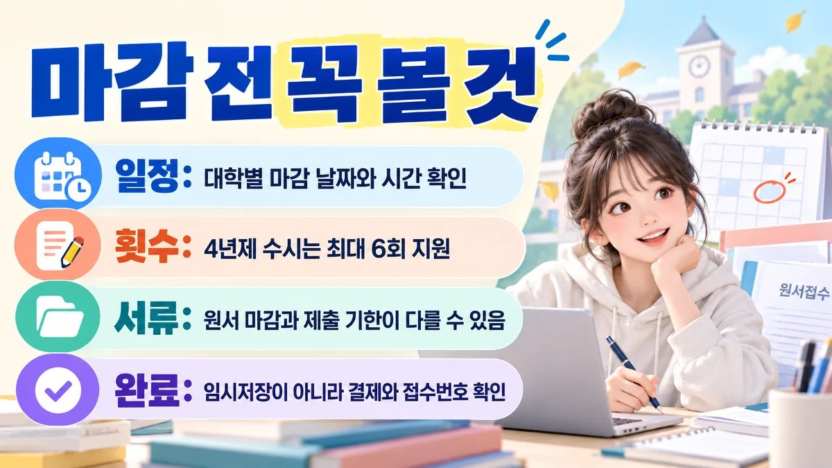수시 원서 접수 마감 전 일정과 지원 횟수, 서류, 완료 확인을 정리한 이미지