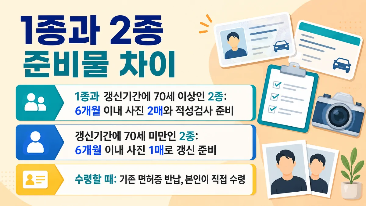 1종과 2종 운전면허 갱신 준비물과 수령 차이를 비교한 이미지