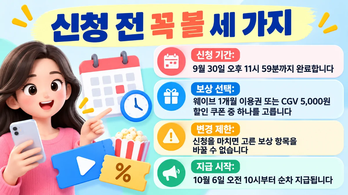티빙 보상 신청 마감과 선택 혜택, 변경 제한, 지급 시작일을 정리한 안내 이미지