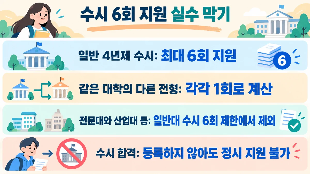 재수생이 수시 6회 지원 횟수와 정시 지원 제한을 확인하는 인포그래픽