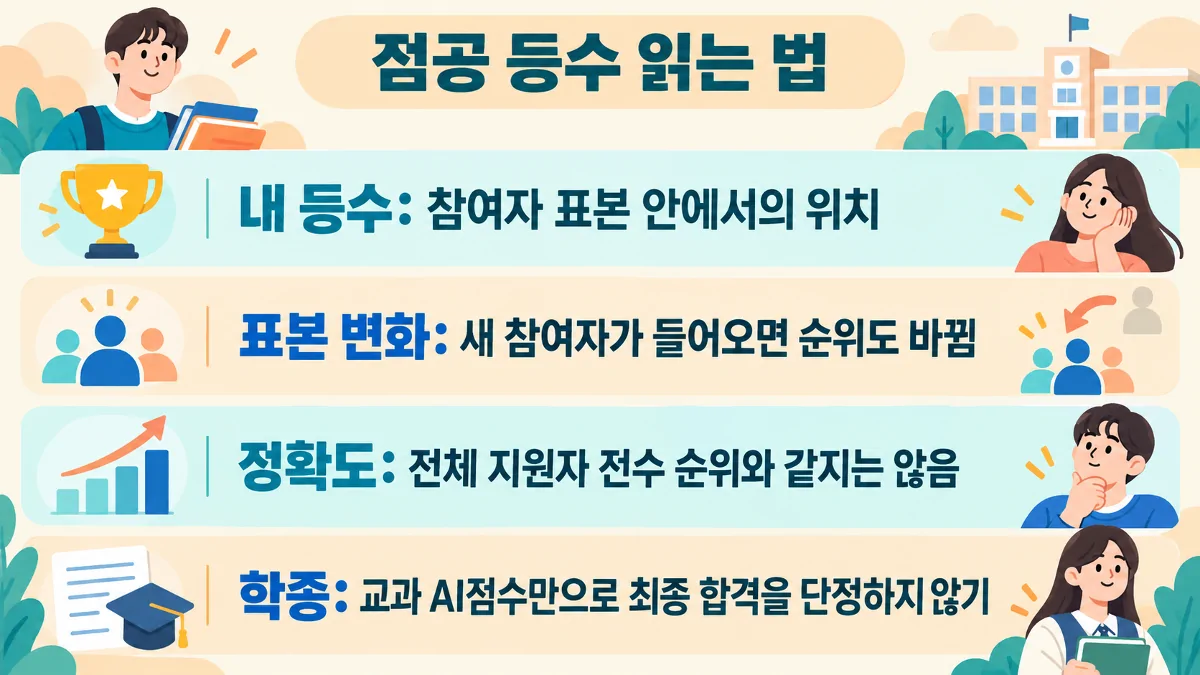 진학사 점공 등수와 표본 변화, 정확도, 학종 해석법을 정리한 이미지
