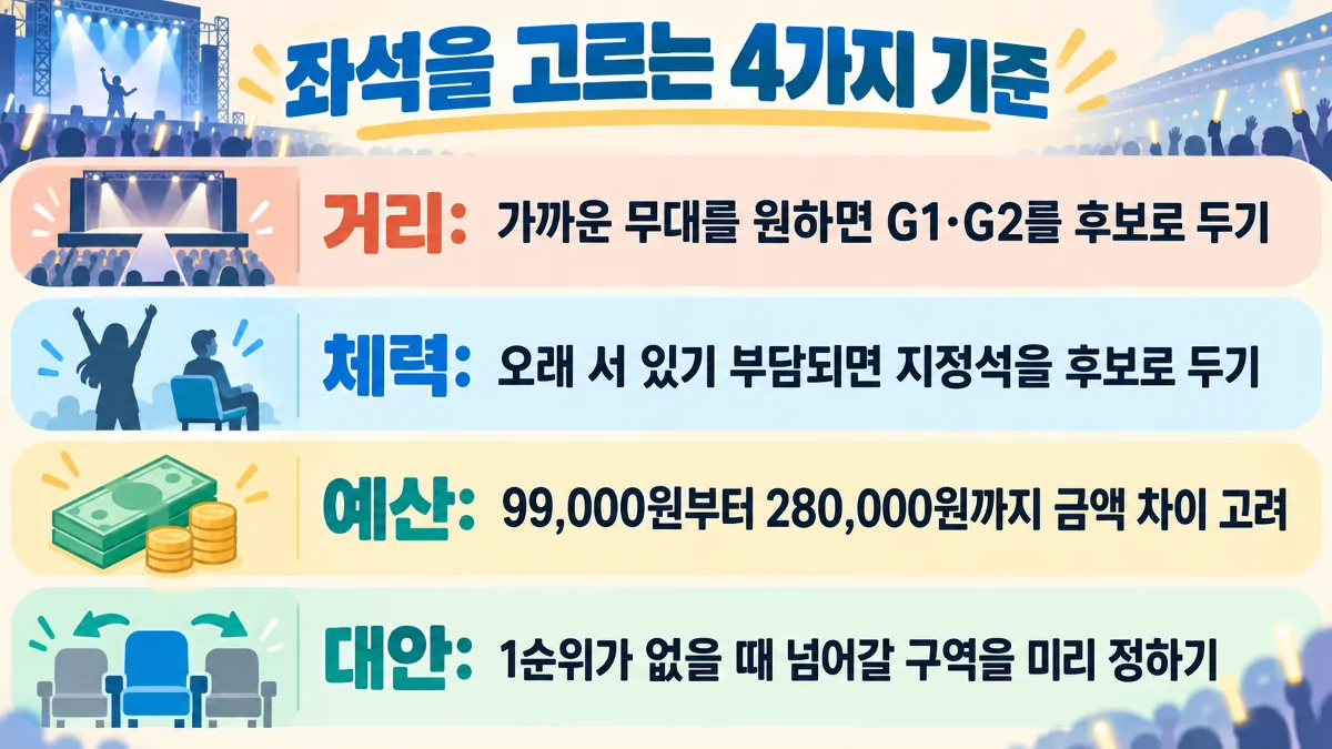 브루노마스 공연 좌석을 거리와 체력, 예산, 대체 구역으로 고르는 기준