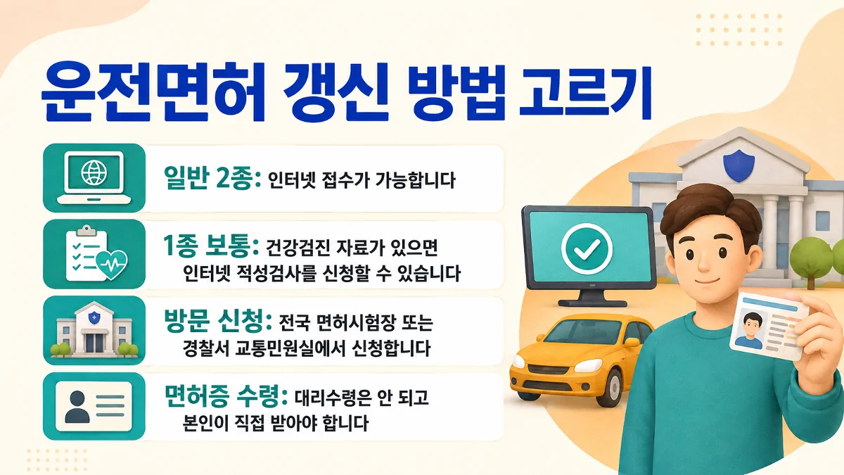 면허 종류별 온라인 신청과 방문 신청, 본인 수령 기준