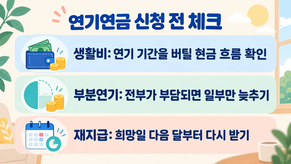 국민연금 연기연금 신청 전 생활비와 부분연기, 재지급 시점을 확인하는 체크 이미지