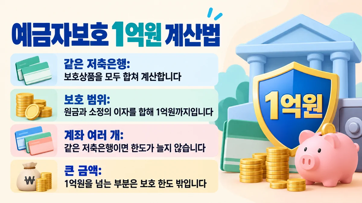 저축은행 예금자보호 1억원 한도와 계좌 합산 방법을 설명하는 카드