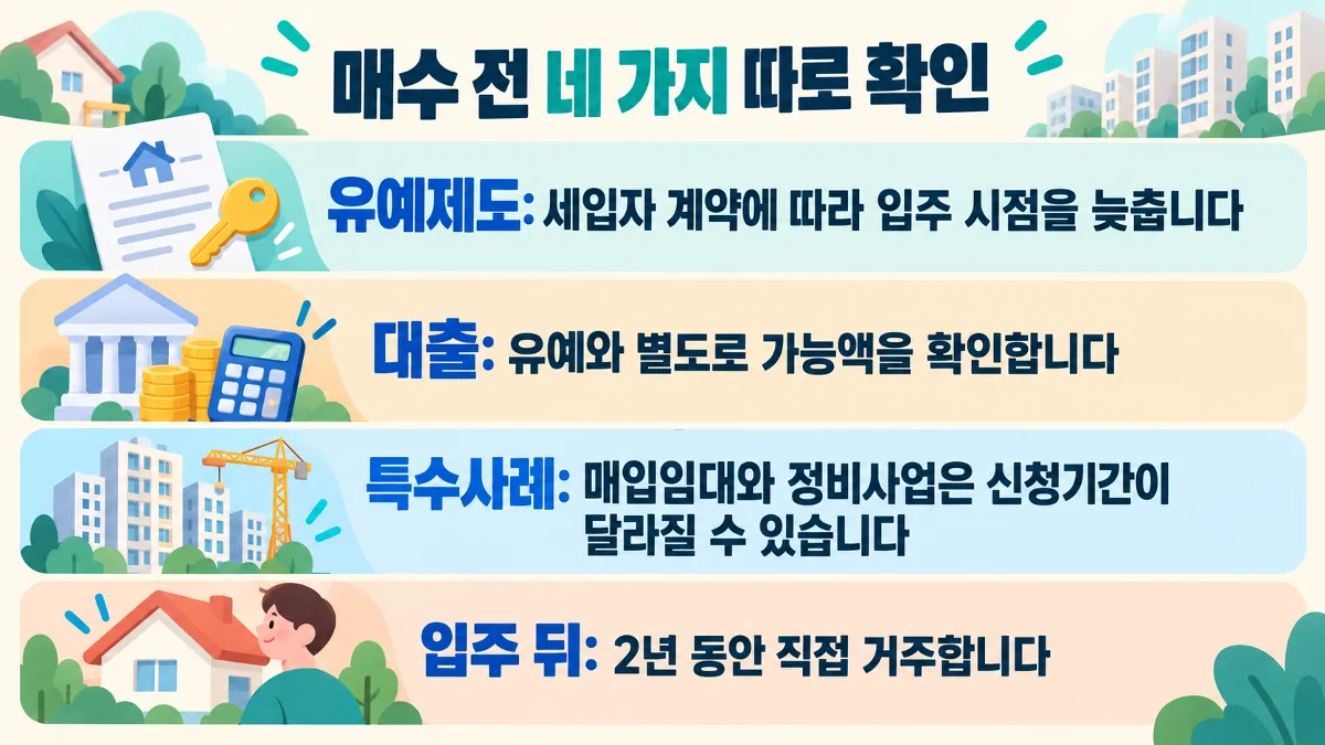 실거주 유예와 대출, 특수 신청기간, 입주 후 거주의무를 나눠 보여주는 체크 카드