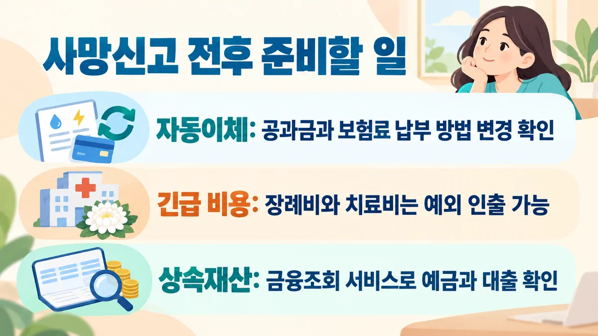 사망신고 전후 자동이체와 긴급 비용, 상속재산 확인 항목을 정리한 인포그래픽