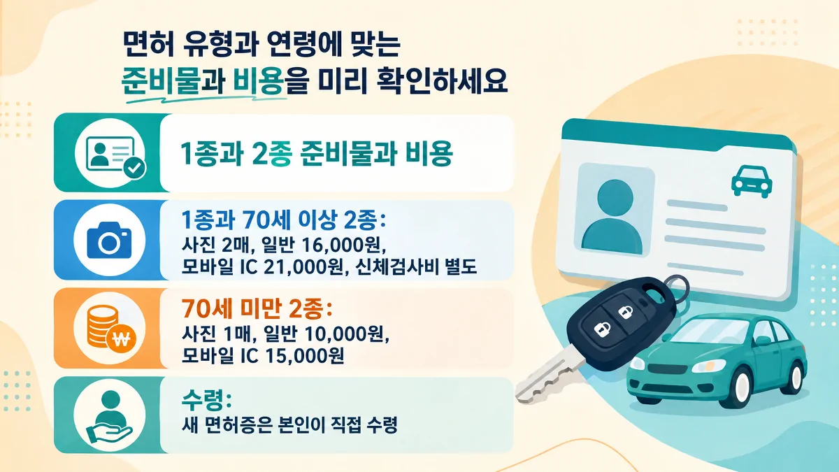1종과 2종 운전면허 갱신 사진 수와 수수료, 본인 수령 기준을 비교한 이미지