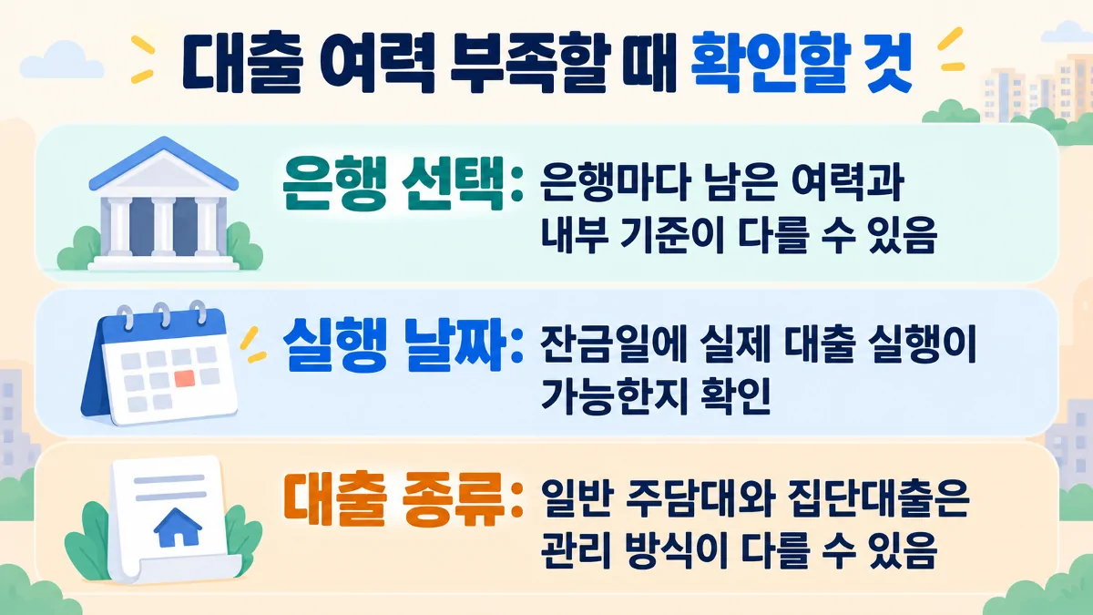 가계대출 여력이 부족할 때 은행 선택과 실행 날짜, 대출 종류를 확인하는 체크 이미지