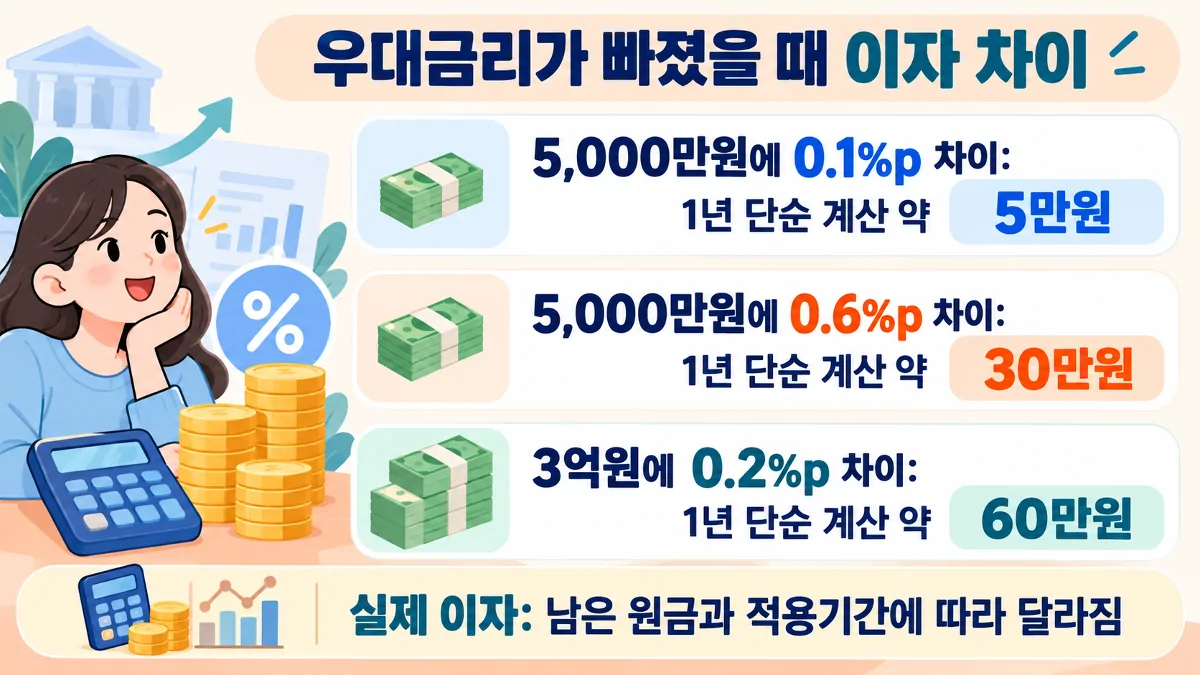 대출잔액과 우대금리 차이에 따른 연간 이자 차이 계산 예시