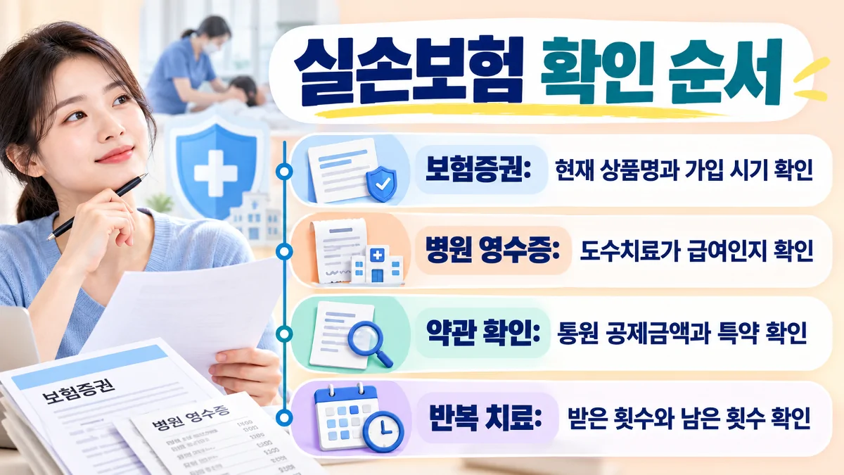도수치료 실손보험 청구 전에 보험증권과 영수증, 약관, 치료 횟수를 확인하는 인포그래픽