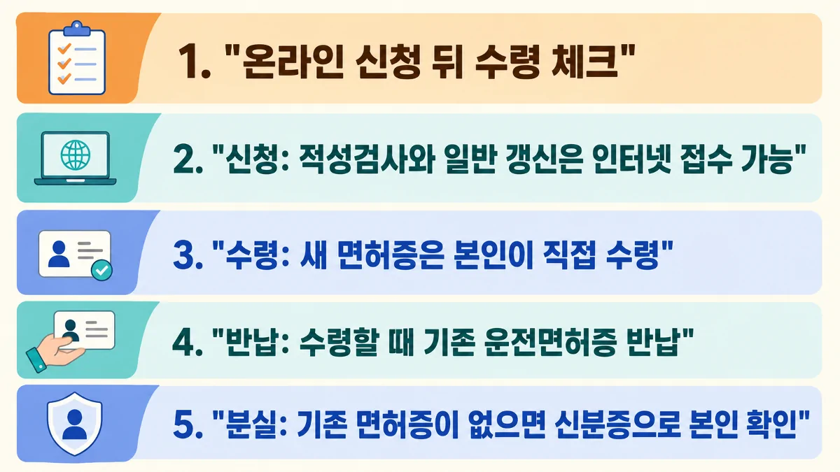 온라인 갱신 신청 후 본인 수령과 기존 면허증 반납 절차 안내