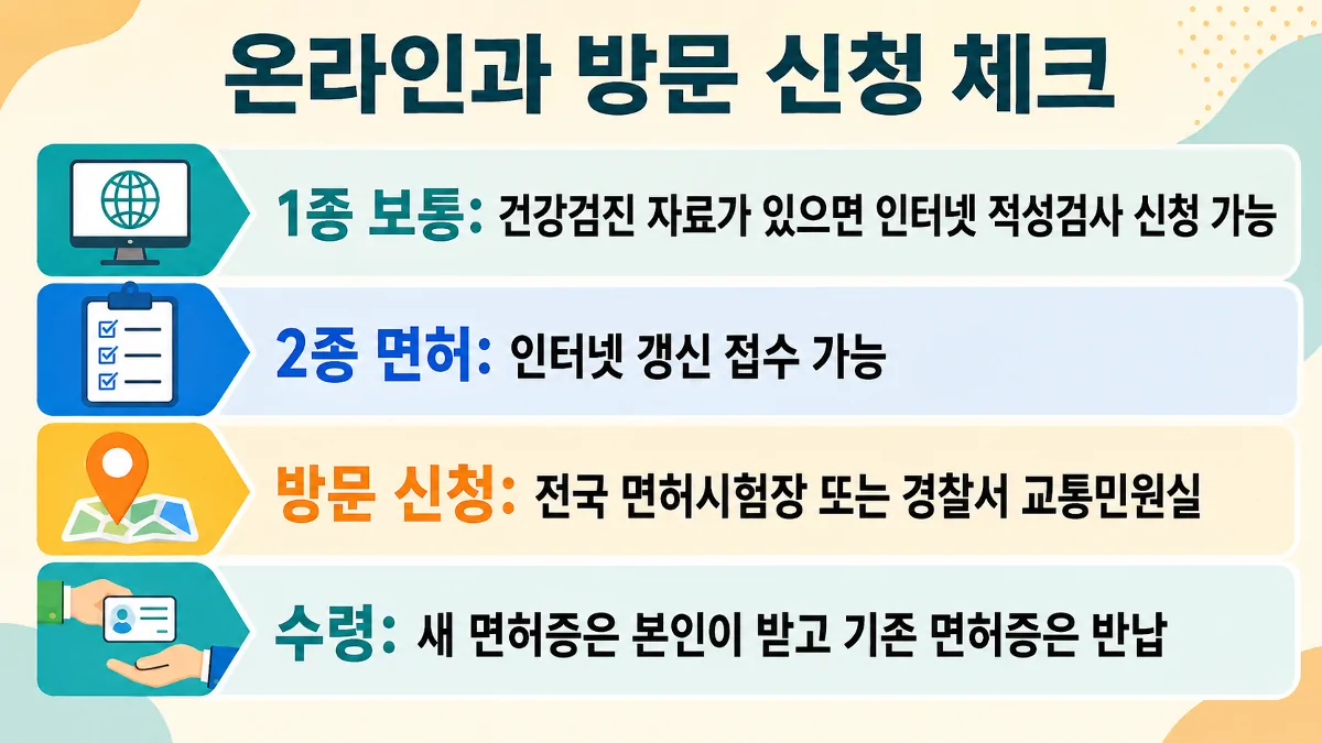 운전면허증 온라인 신청과 방문 장소, 본인 수령 기준을 정리한 카드뉴스